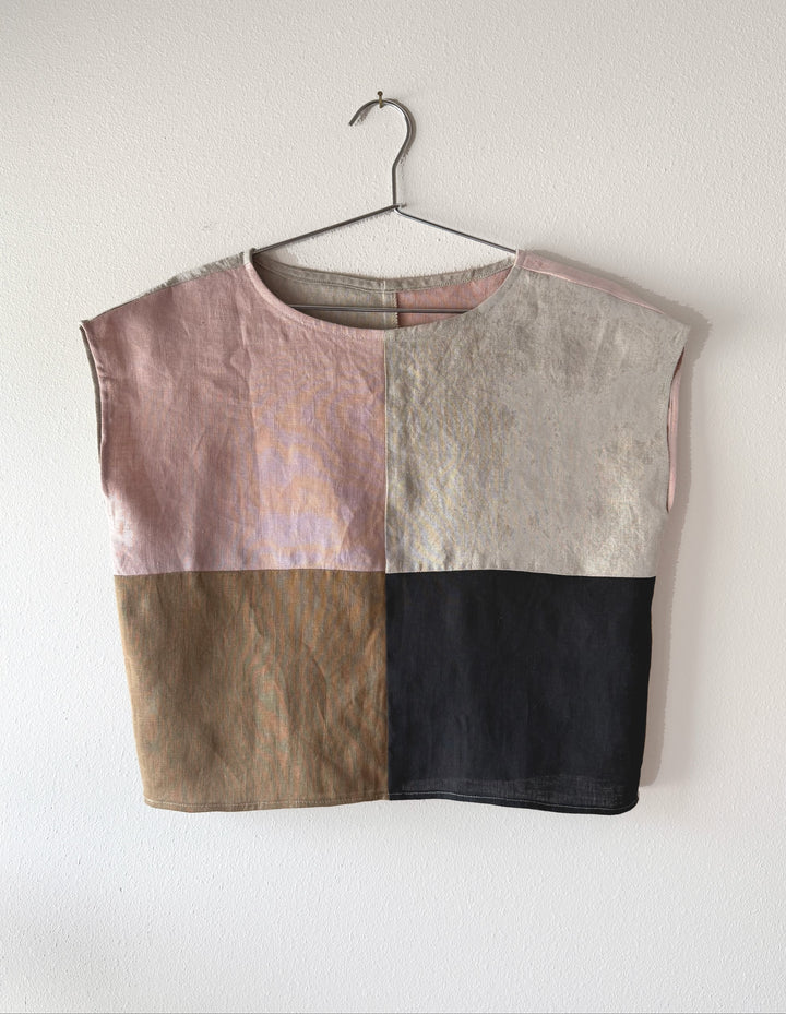Colorblock - Boxy Top, Short Length, Wide Neck, Cap Sleeve - Linen Top