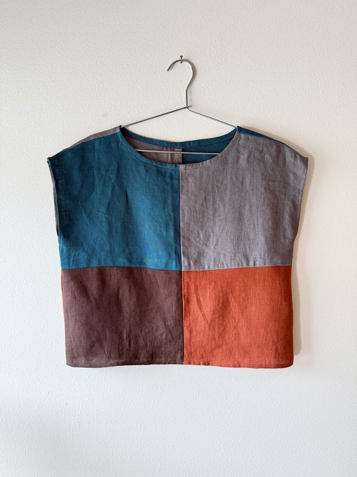 Colorblock - Boxy Top, Short Length, Wide Neck, Cap Sleeve - Linen Top