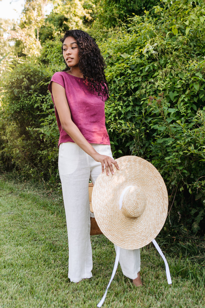 Colorblock - Boxy Top, Short Length, Wide Neck, Cap Sleeve - Linen Top