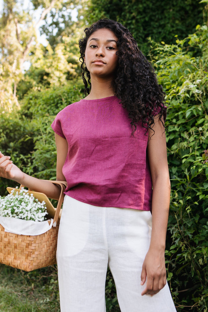 Colorblock - Boxy Top, Short Length, Wide Neck, Cap Sleeve - Linen Top