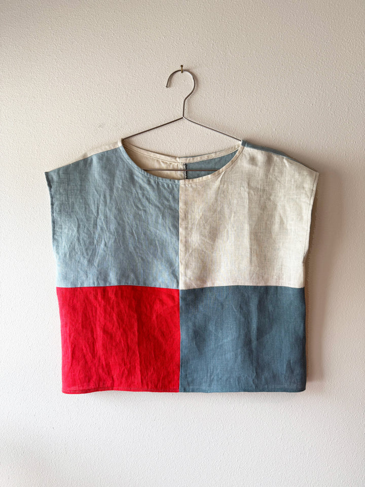 Colorblock - Boxy Top, Short Length, Wide Neck, Cap Sleeve - Linen Top